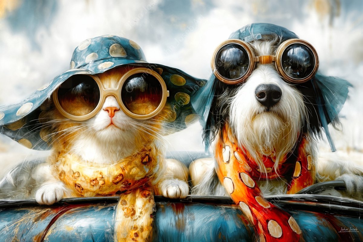 John Joseb Art (Glas) 120x80 | Grappige hond en poes in auto op reis, vakantie, kleurrijk, humor, kunst, dier, kat, geel, bruin, rood, blauw, modern | Foto-schilderij-glasschilderij-acrylglas-acrylaat-wanddecoratie