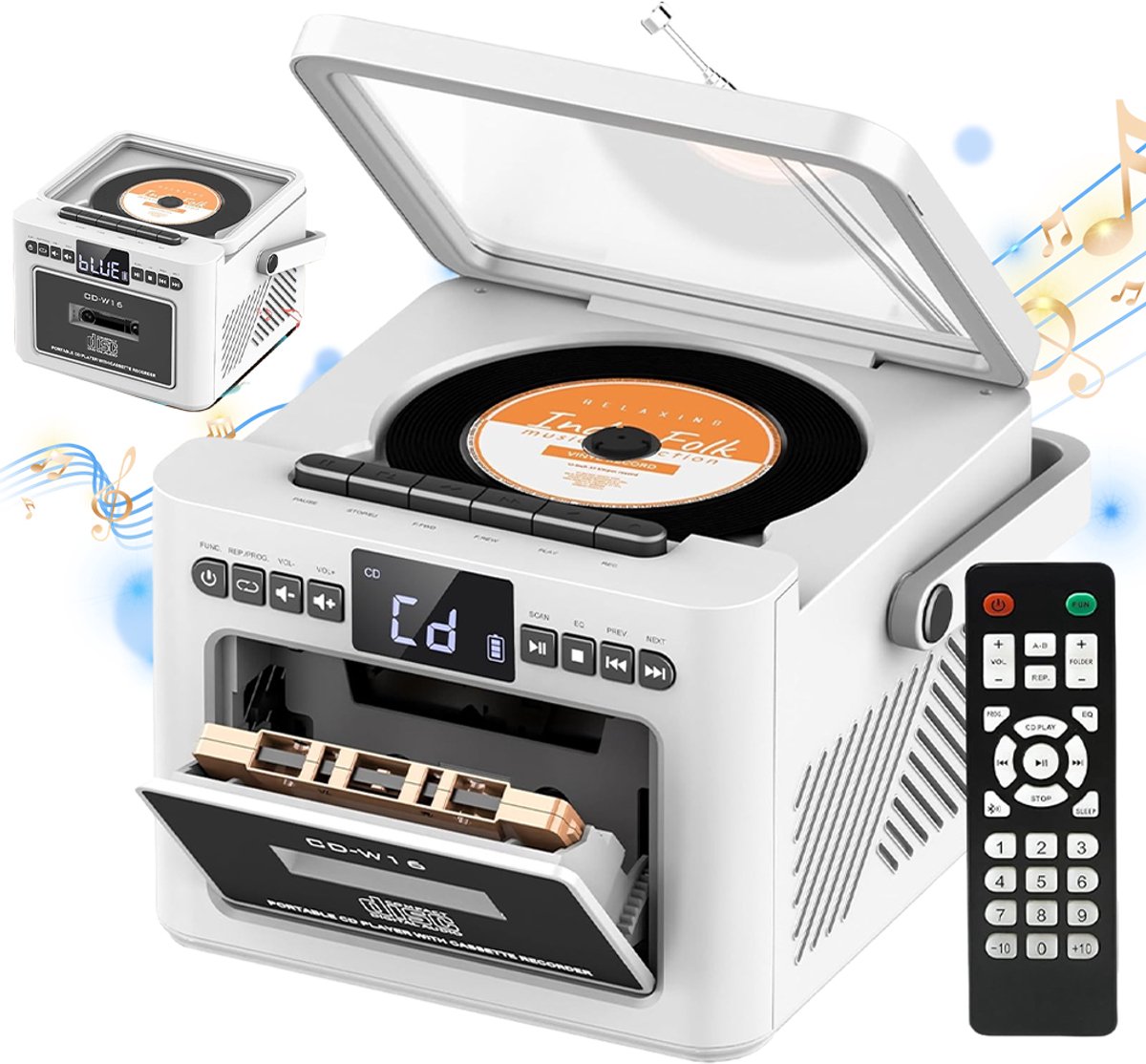 CD- en Cassettespeler met Bluetooth - Draagbare CD Radio - Bluetooth 5.1 - FM Radio - USB, SD & AUX - Oplaadbare 5000mAh Accu - Cassette Afspelen & Opnemen - Wit
