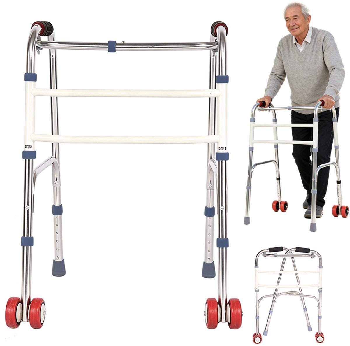 Looprek Ouderen - Opvouwbaar Looprek met 2 Wielen - Lichtgewicht Loophulp - Compact Inklapbaar - Voor Volwassenen en Senioren - Thuis en Onderweg - Zilver/Rood