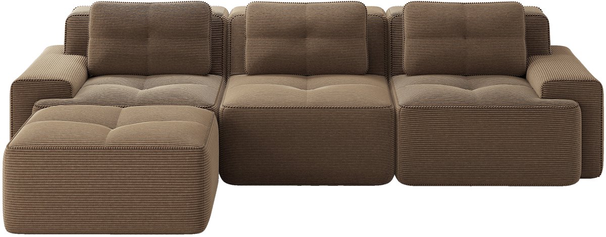 L-vormige 3-zitsbank - modulaire bank met voetenbank - corduroy Cloud bank - voor de woonkamer - kant-en-klare bank - bruin