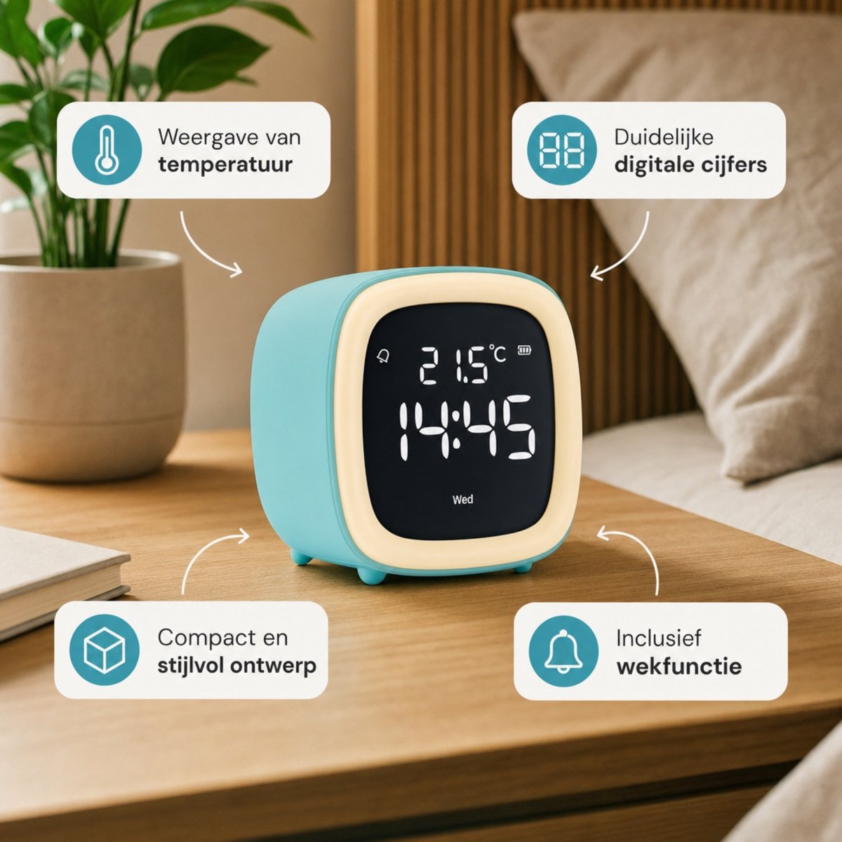 JustAnotherProduct AP18 - Oplaadbare digitale wekker met licht (3 standen) - Alarm klok met temperatuur (15.5°C tot 50°C) - 12/24h Alarm clock - Nachtlamp - Licht blauw — cadeau in Gadgets - foto 8