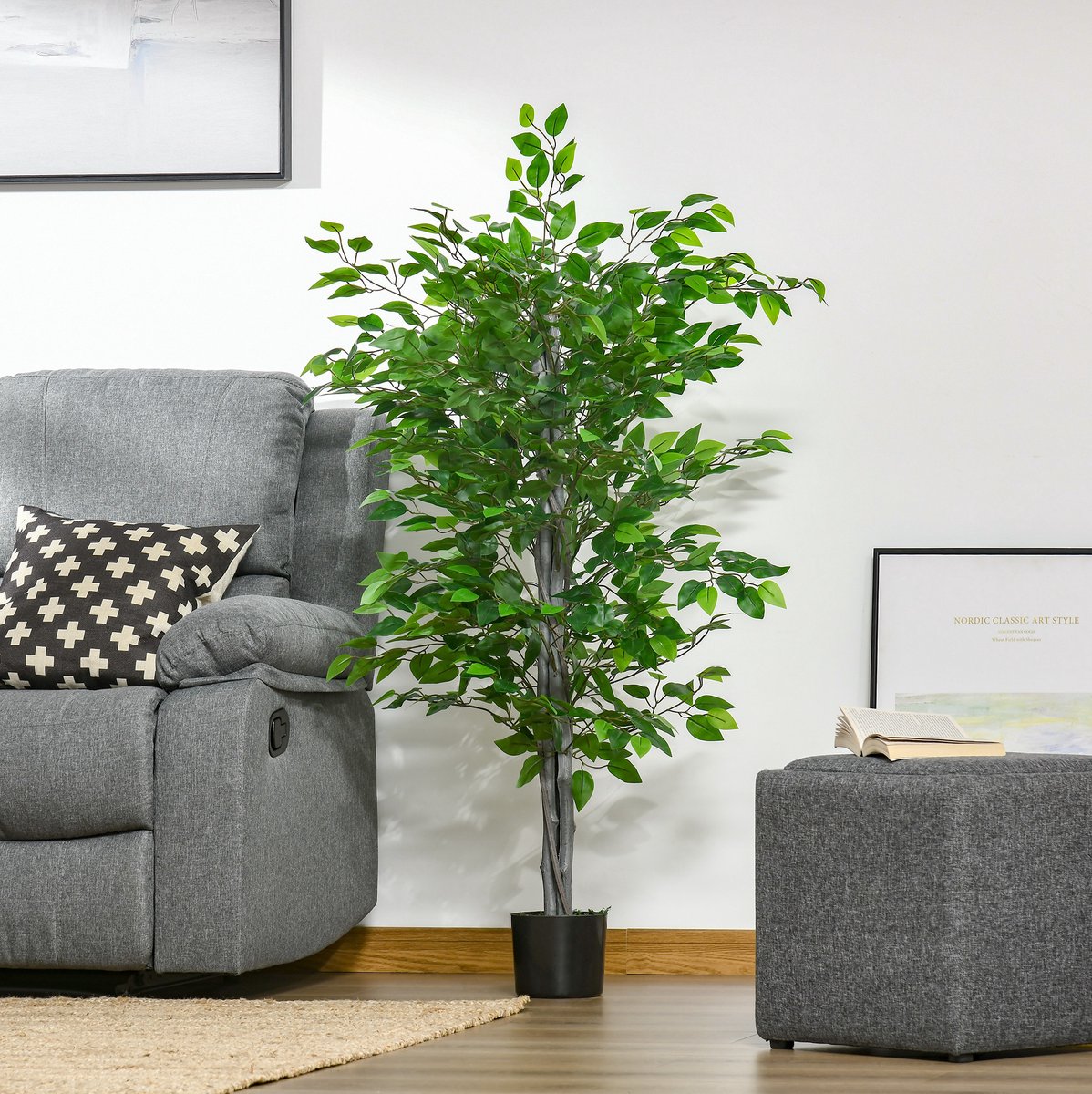 Kunstplant – Kunstmatige Ficusboom 135 cm – Kunststof – Groen – Met Metalen Draden – Binnen en Buiten