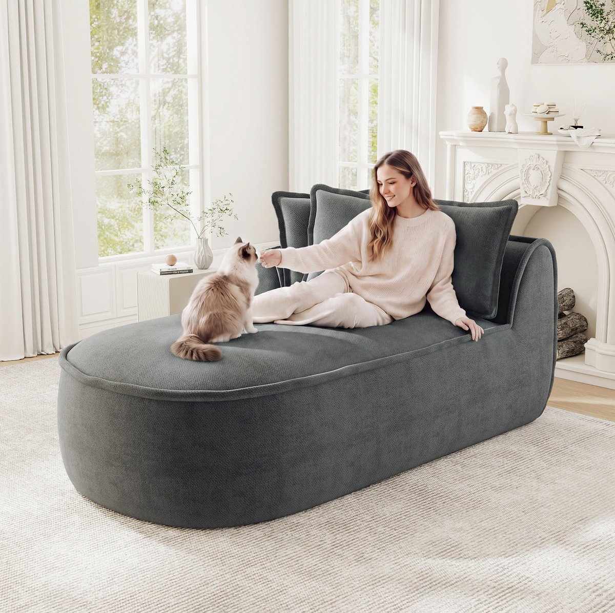 REDOM - Chaise longue - Modulaire constructie - Uitklapbaar als slaapbank - Chenille bekleding - Met kussens - Grijs - 164 x 92 x 67 cm