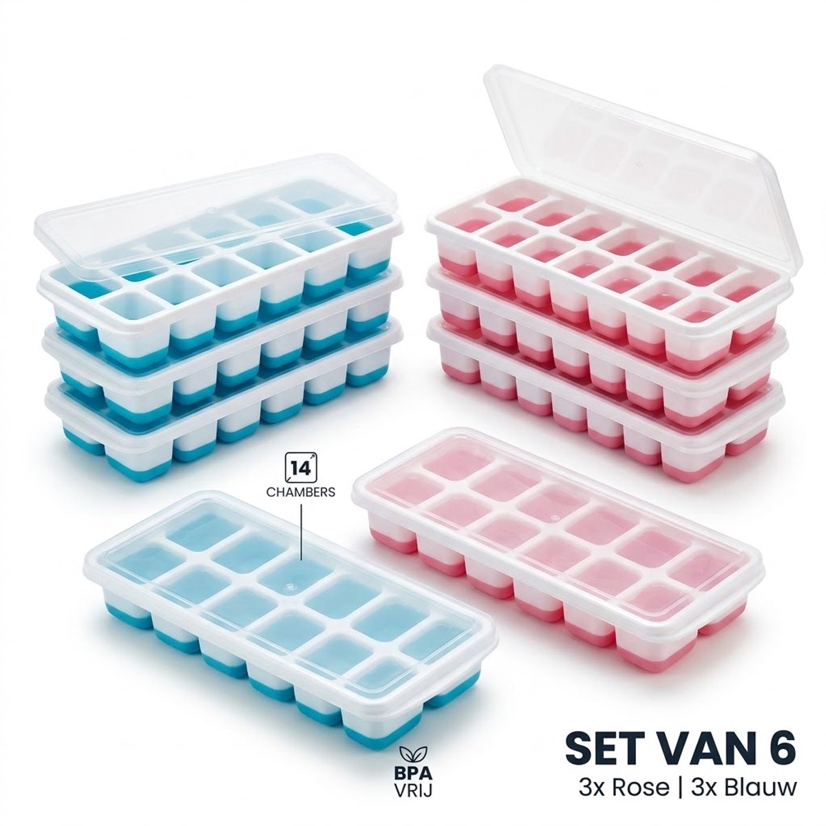 Siliconen IJsblokjesvorm met Deksel – Set van 6 – 3 Roze & 3 Blauwe – IJsblokjes Bakjes