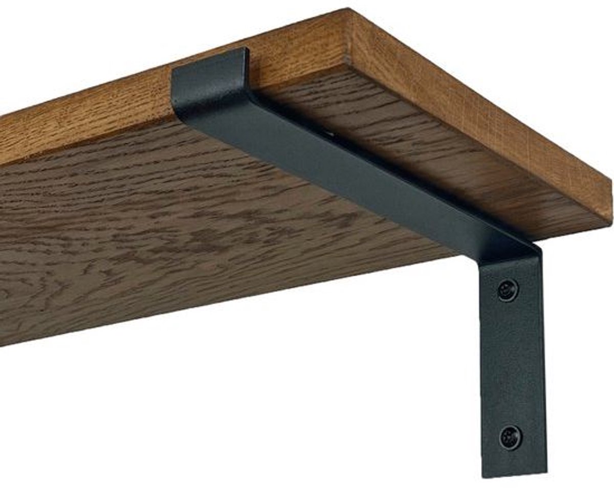 GoudmetHout Donkere Eiken Wandplank - 240x25 cm - Plankdragers L Mat Zwart Donker eiken