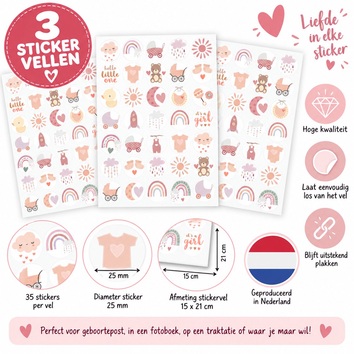 Baby Meisje Stickers - 3 Grote Stickervellen - 105 Baby Stickers - Geboortekaartje Meisje — afbeelding 6