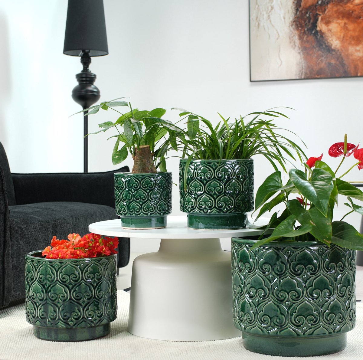 Keramische Bloempot – Afwateringsgat – Diameter 24 cm – Groene Glans – Hartreliëf – Ronde Vorm – Met Voetje