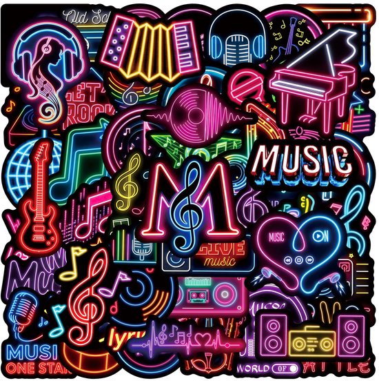 Collection d'autocollants néon musicaux colorés avec guitares, pianos, casques, clés de sol et textes comme 'Music'.