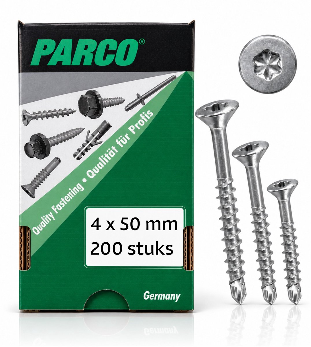 PARCO Spaanplaatschroeven met Boorpunt 4 x 50 mm – Torx Schroeven voor Hout & Spaanplaat – Verzinkt – Deeldraad – TX20 – 200 Stuks
