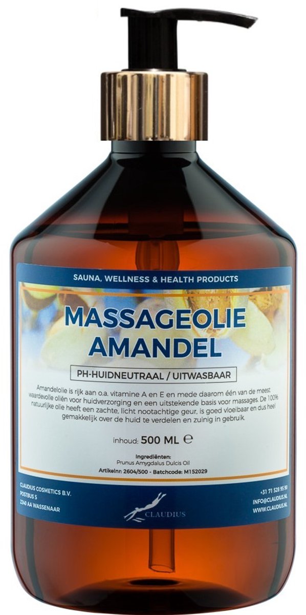 Massageolie Amandelolie 500 ml met gouden pomp - 100% natuurlijk - biologisch en koud geperst