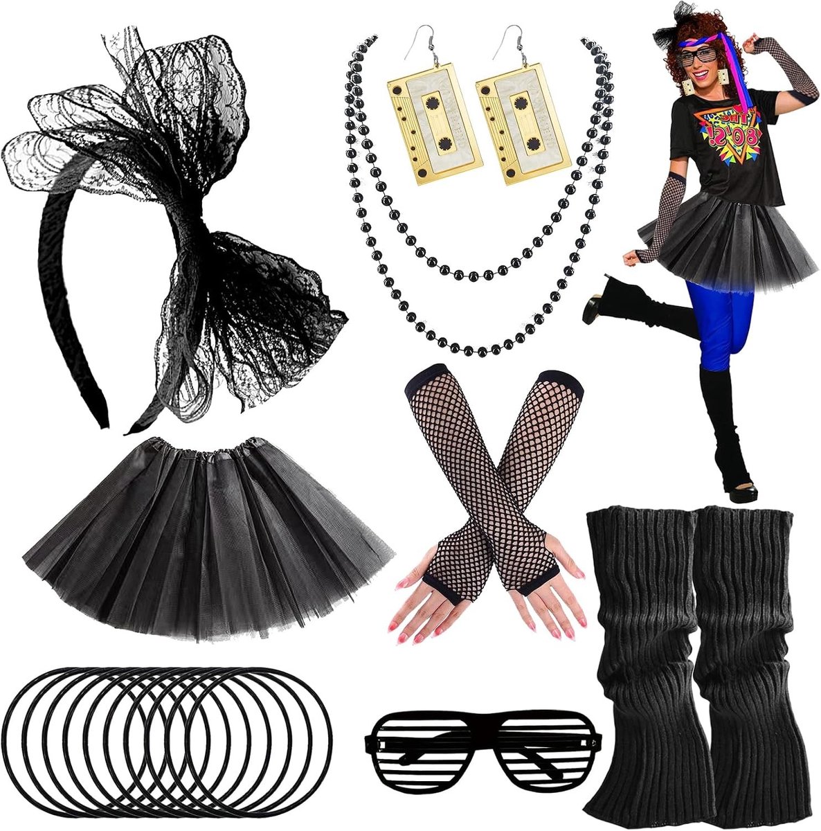 80s kostuumaccessoires voor vrouwen met tutu, beenwarmers, hoofdband, oorbellen en nethandschoenen voor themafeesten en carnaval