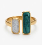 Groen & Wit Gelegde Marmer Open Goudkleurige Ring - 316L - RVS - Waterproof - Unisex