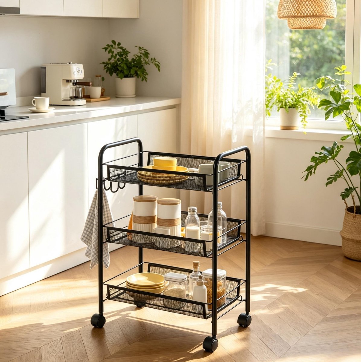 REDOM - Rollwagen - 3-laags opbergruimte - Afneembare metalen manden - 4 wielen, 2 vergrendelbaar - Met haken - Keuken - Staal - Zwart - 45 x 26,5 x 63 cm