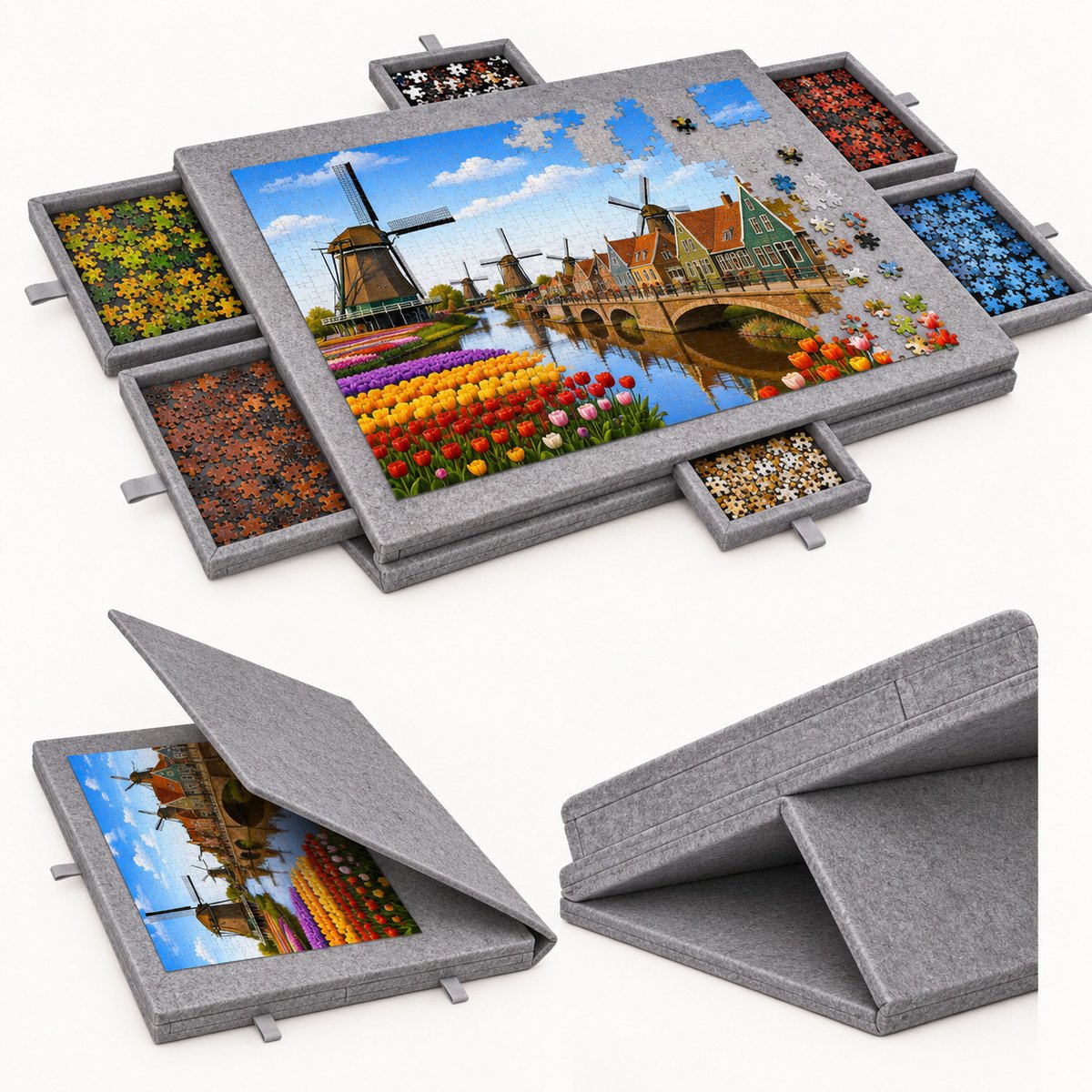 LYNEXA® Puzzelmat - Puzzelmap 1500 Stukjes - Puzzelboard met 6 Lades - Puzzelplaat - Puzzeltafel - Puzzelkoffer - Portapuzzel met Opbergsysteem - 90 x 63 x 4 cm - Grijs Vilt