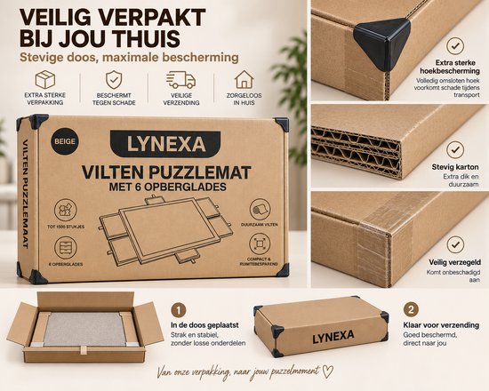 Verpakking van een beige vilten puzzelmat met 6 opberglades, met informatie over de afmetingen en duurzaamheid.