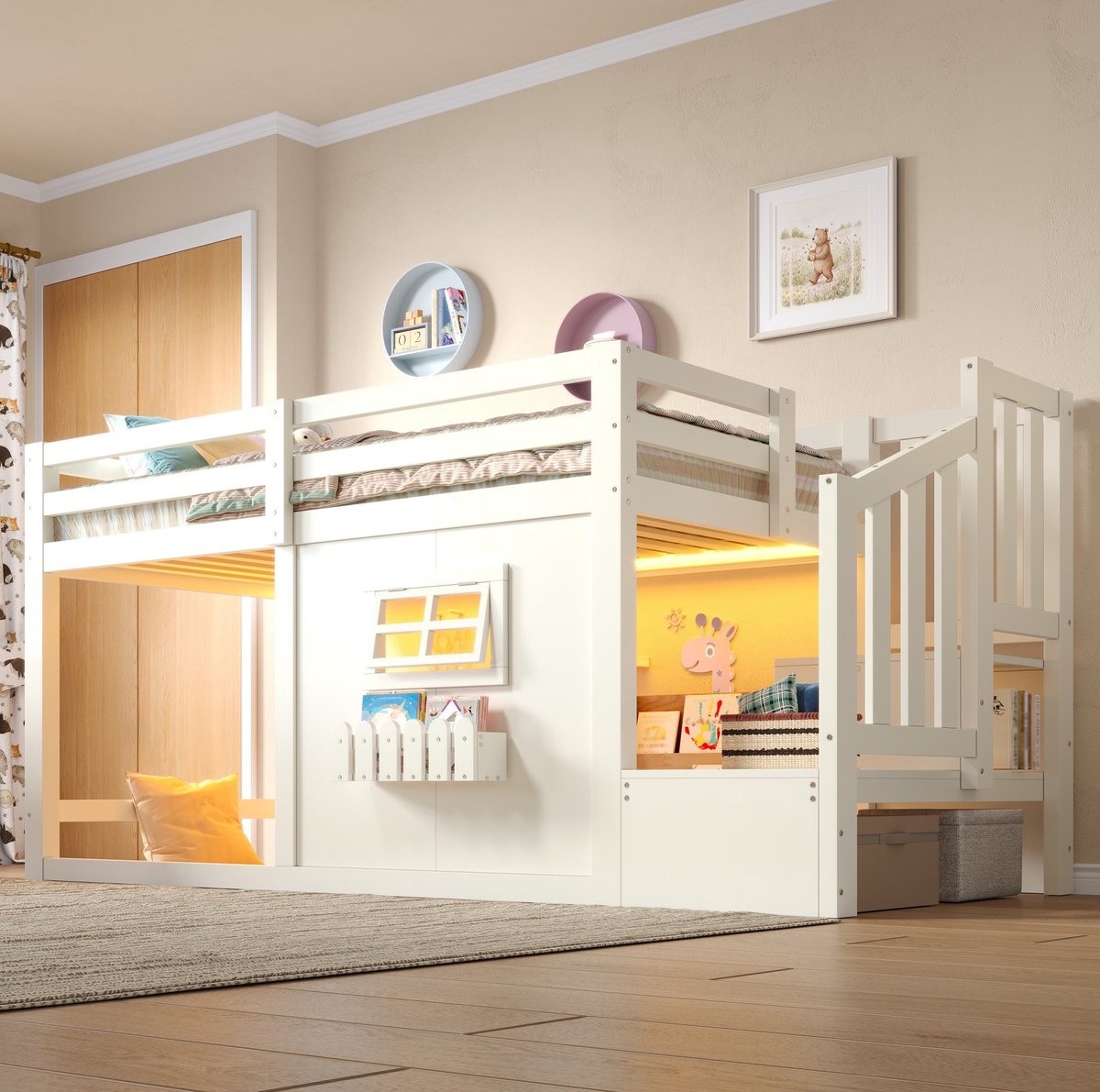 MIVRAY Hoogslaper 90 x 200 cm - Kinderbed Met Opbergtrap, Raam En Ledverlichting - Voor Kinderkamer - Zonder Matras - Hout En MDF - Wit