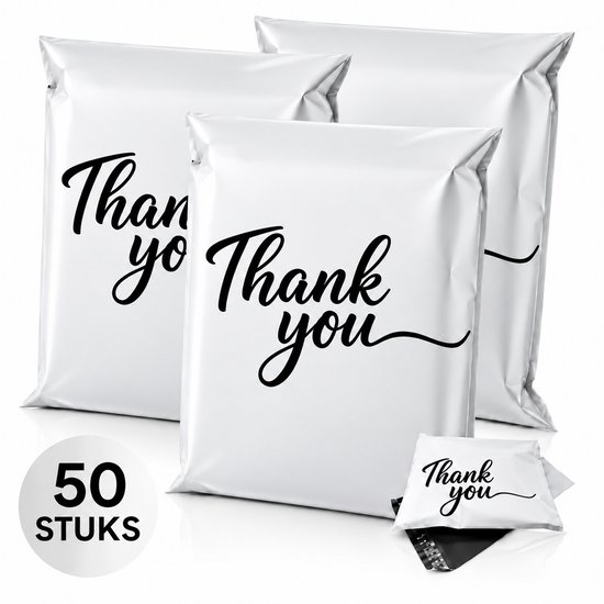 Witte verzendzakken met 'Thank you' print. 50 stuks.