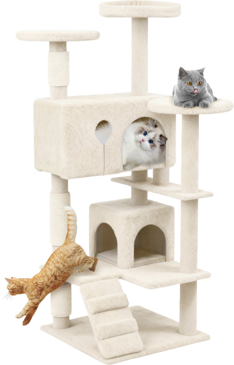 Aufun Kattenboom Krabpaal Kattenkrabpaal voor Katten, Klimboom met hangmat en speelopties kattenstal Speelhuis Krabpalen, 49x49x130cm, Beige