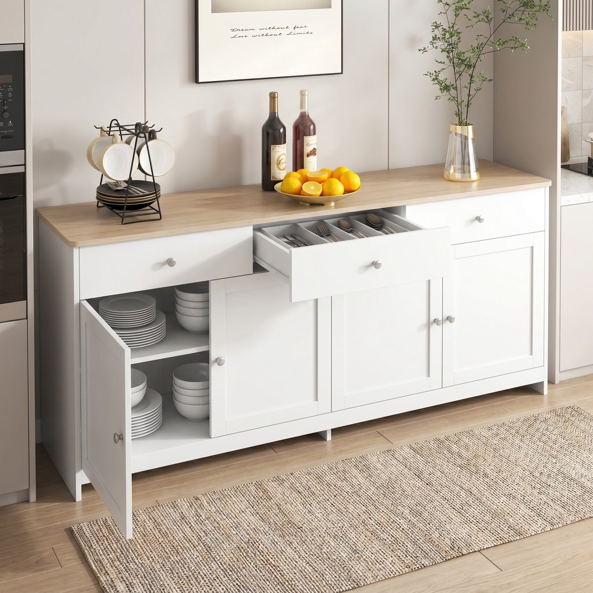 Rosaqhnda Dressoir - 160 x 37 x 75 cm - Wit - Commode met 4 Deuren en 3 Laden - Moderne Buffetkast voor Woonkamer - Woonkamer - Slaapkamer - Opbergkast