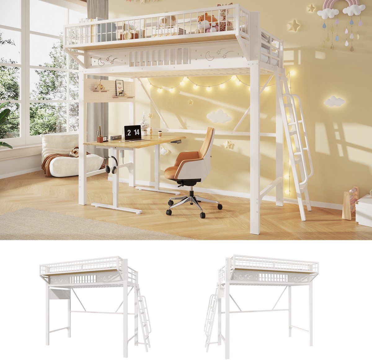 MIVRAY Hoogslaper 90x200 cm - Metalen Bedframe met Staufakken - Open Onderste Verdieping - Voor Kinderen - Metaal - Wit Zonder Matras
