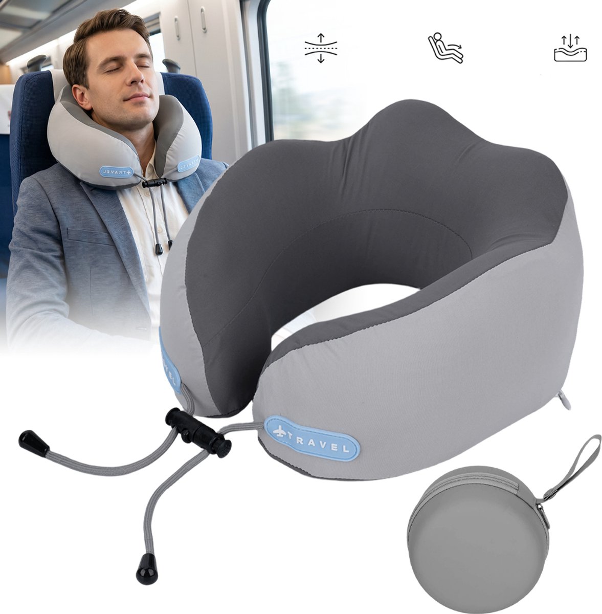 Reiskussen Voor De Nek Met Opbergtas - U-Vormig Ergonomisch, Ademende Stof, Lichtgewicht, Anti-Doorzak - Voor Lange Vluchten En Thuisrust