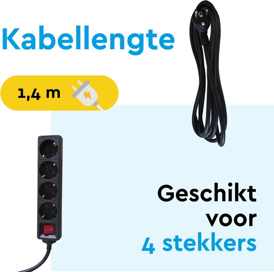 Zwarte stekkerdoos met 4 stopcontacten en een kabel van 1,4 meter.
