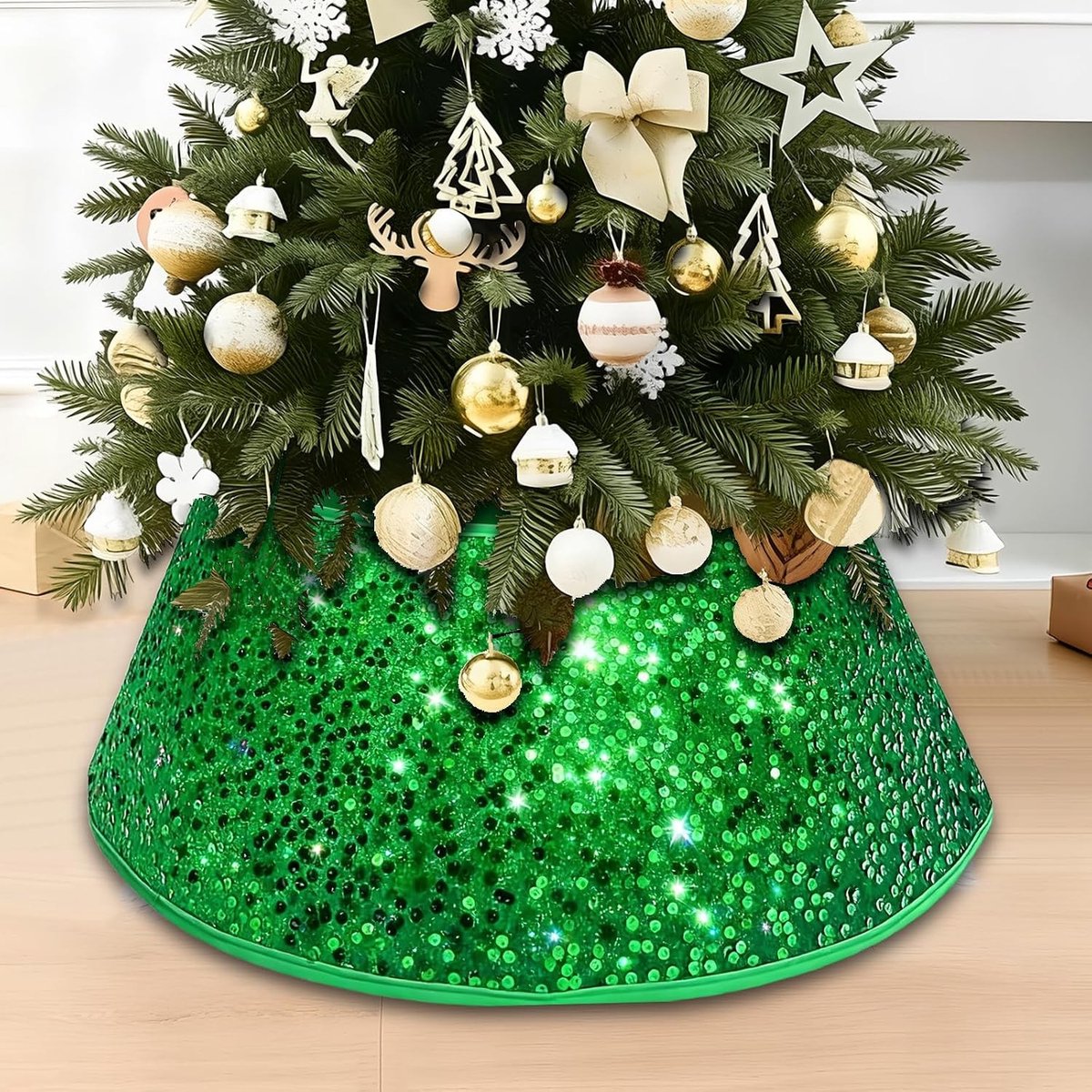 Decoratieve Kerstboomrok met Pailletten, Vouwbare Boomcover en Kerstboomstandaard voor een Feestelijke Sfeer
