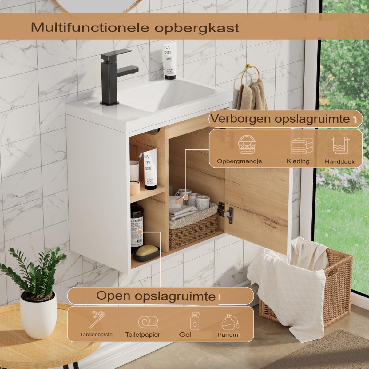 UEV wandgemonteerde wastafel met badmeubel, 50,5 cm, kleine wastafel, wit