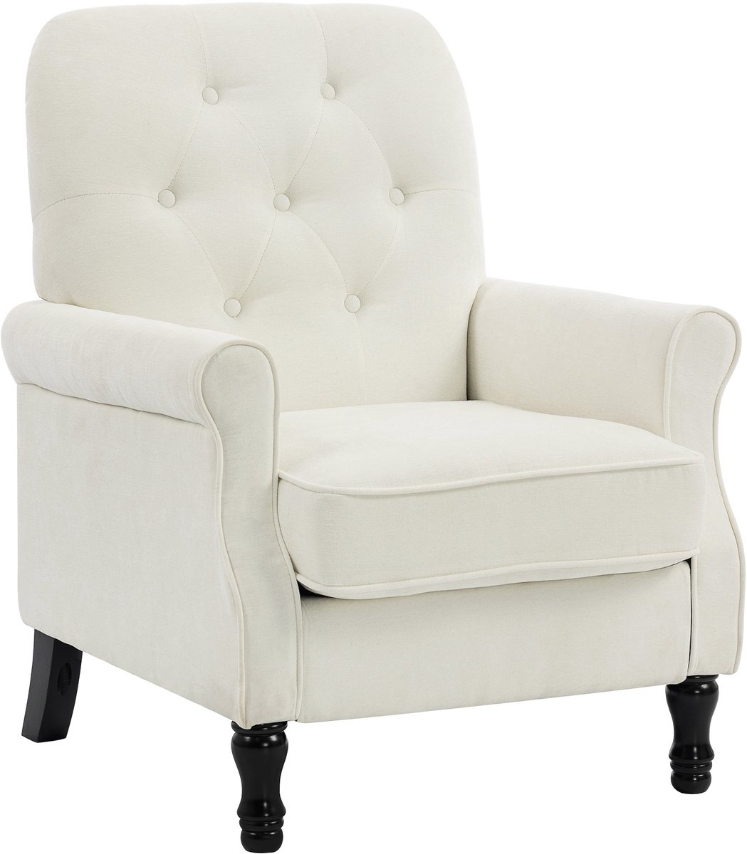 Eenzitsbank - Fauteuil Comfortabel met Armleuning en Kussen - Gestoffeerd Bank met Houten Poten - Beige
