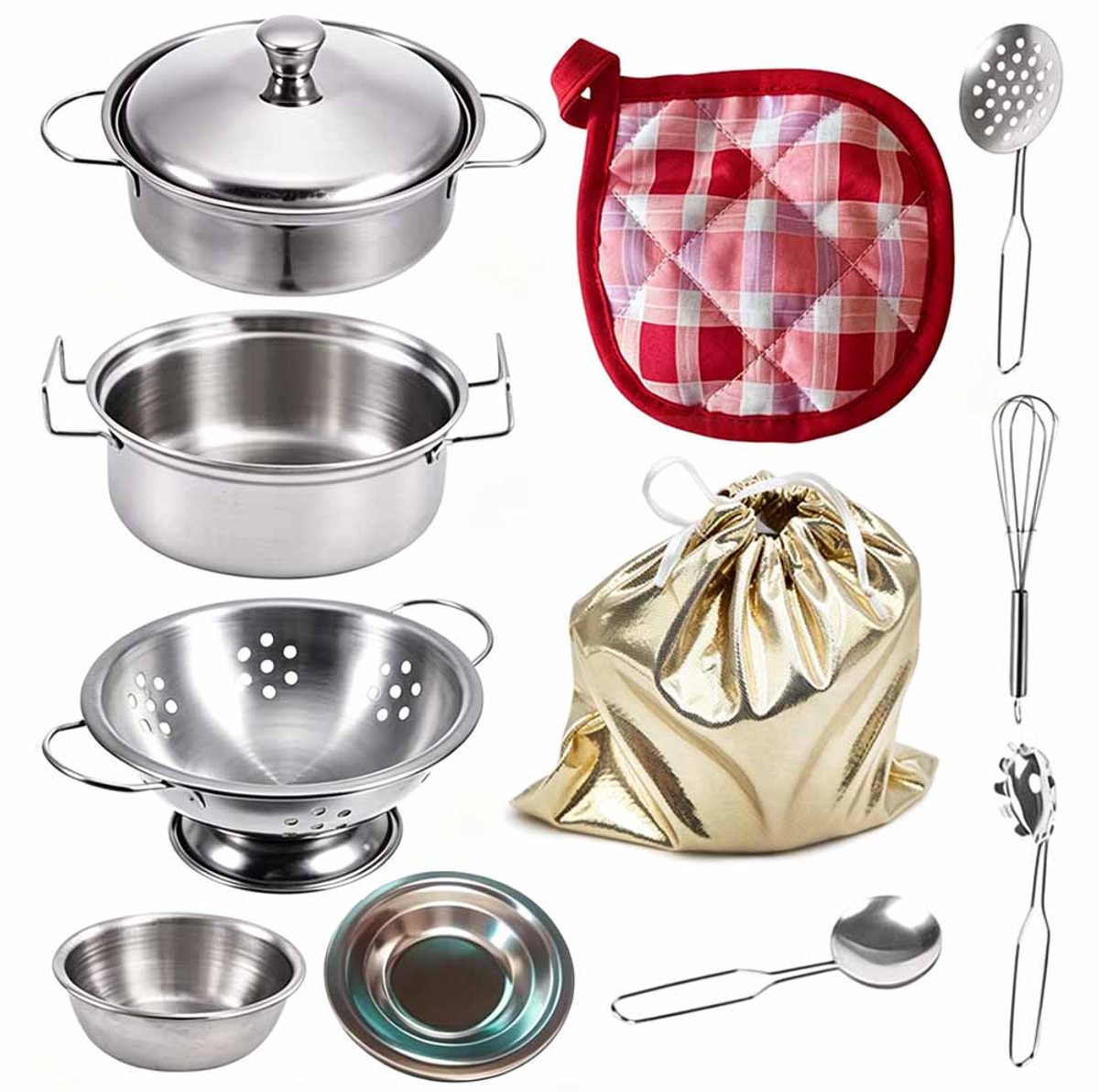 Speelkeukentjes – RVS – 11 Stuks - Inclusief Opbergzakje Met Trekkoord, Mini-Pan, Vaatdoekje, Fruitschaal, Bordje, Soepkommetje, Lepel, Garde, Eierscheider, Schuimspaan