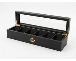 Govic® Luxe Theedoos - 6 vaks - Zwart - hout - plexiglas - schuine vakverdeling