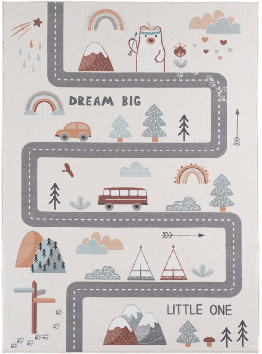 Moonay Kids Roadtrip vloerkleed kinderkamer - Dun tapijt 8 mm - Antislip - Crème - 80x150 cm