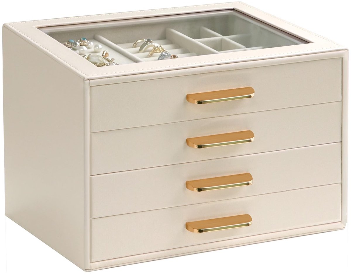 Elzusha - Sieradenkistje met Glazen Deksel - Beige 4-Laags Organizer