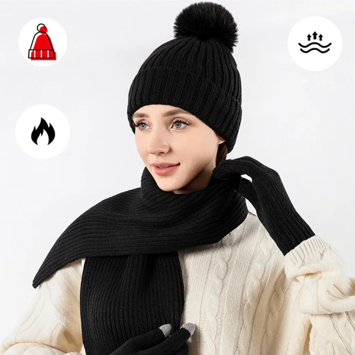 Driedelige thermische set Geschikt voor dames, bestaande uit gebreide muts, sjaal en handschoenen, winddichte en warme winterkleding