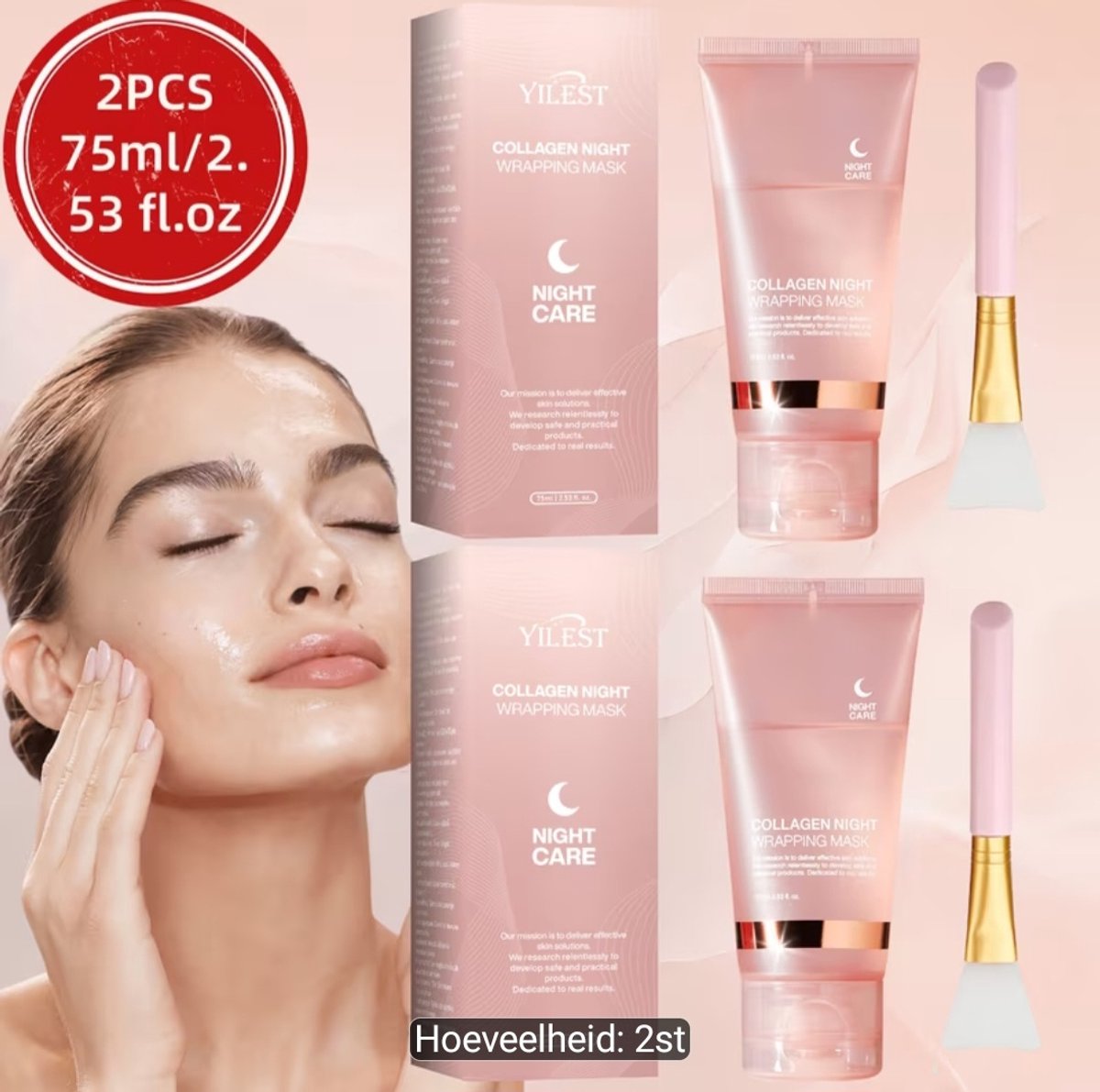 YILEST Collagen Night Wrapping Mask – 2 x 75 ml – Peel-Off Nachtmasker – Met Hyaluronzuur, Niacinamide, Collageen en Ceramiden – Inclusief 2 Applicatiekwasten