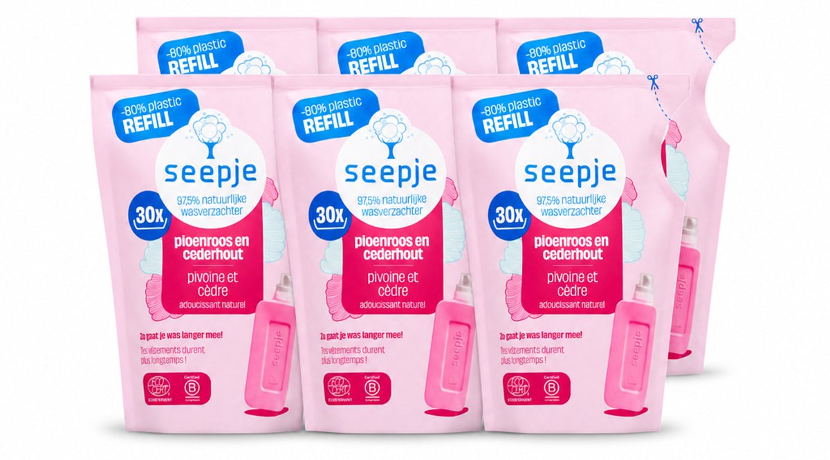 6 x Seepje - Wasverzachter - Duurzaam & Frisse Geur - Navulling - Pioenroos en Cederhout - 30 Wasbeurten - 750 ml - Voordeelverpakking - 6 stuks