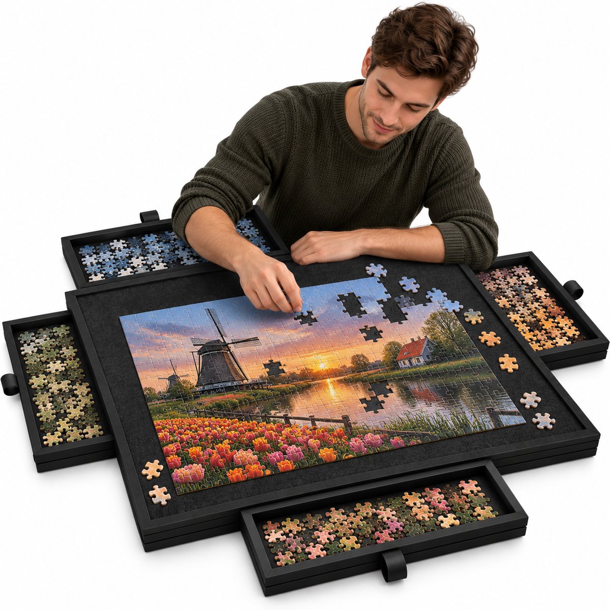 Currero Puzzeltafel Met Lades 1000 Stukjes - Puzzelbord - Puzzelmat - Opbergsysteem - Vilt - Met Deksel - Legpuzzel Accessoires - 1000 Pcs Zwart