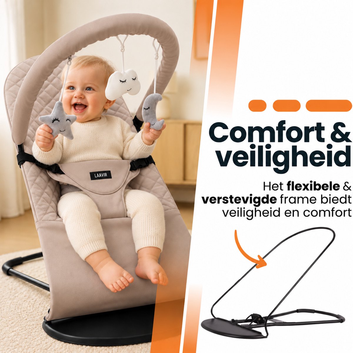 Laavir® Baby Wipstoel Beige | Extra Compact Opvouwbaar | Verstelbare Rugleuning | Inclusief Speelboog met Speeltjes | Inklapbaar & Draagbaar | Veiligheidsgordel | Vanaf 0 Maanden – foto 6
