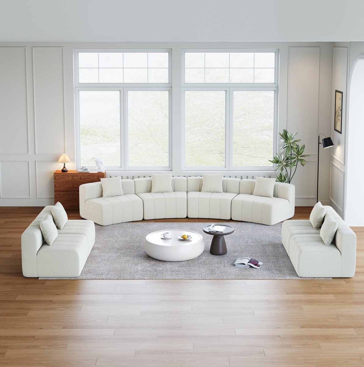 REDOM - Modulair bankelement - Gebogen halfrond ontwerp - 2 kussens - Chenille bekleding - Zonder montage - Woonkamer - Beige - 388 x 83,8 x 73,6 cm