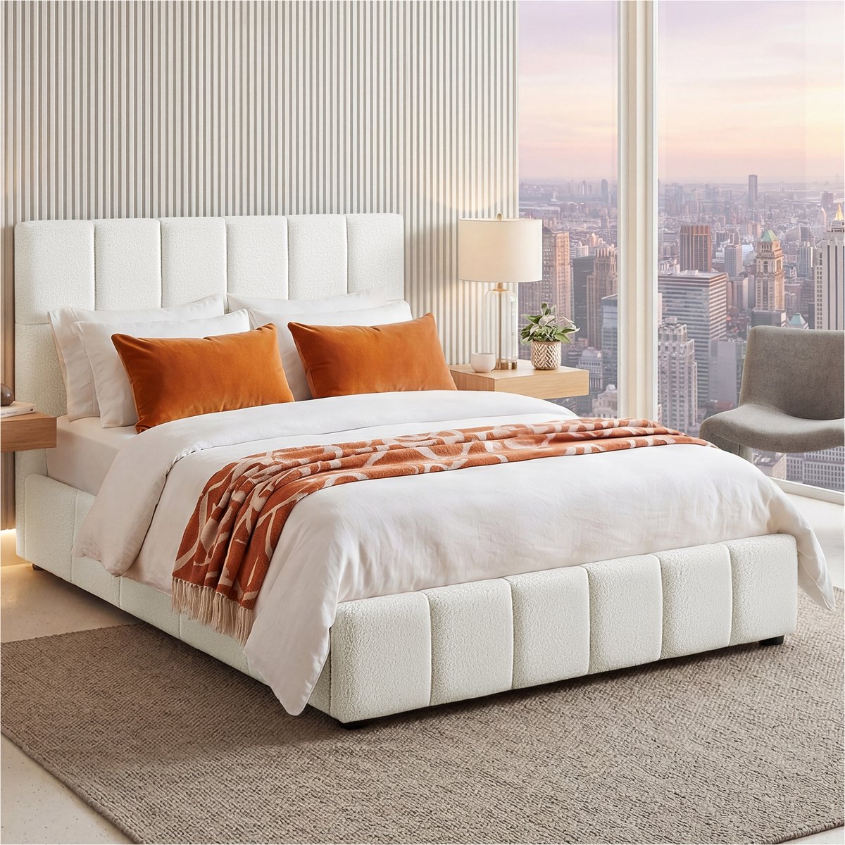 Tectake Gestoffeerd Bed met Geïntegreerde Lattenbodem - 140 x 200 cm - Tweepersoonsbed - Draagkracht 250 kg - Teddystof met Stikpatroon - Stalen Frame - Met Hoofdbord - Twijfelaar - Teddy Crème