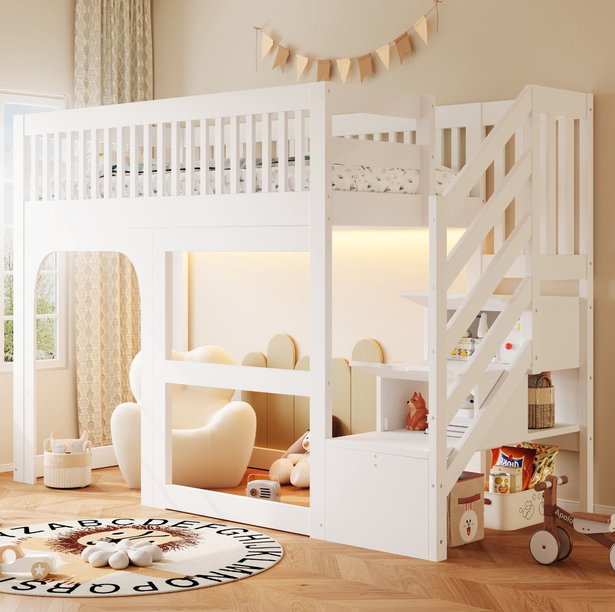REDOM - Kinderbed - Halfhoogslaper - Trap met opbergruimte - LED-verlichting - Lattenbodem en veiligheidshekken - Hout - Wit - 90 x 200 cm