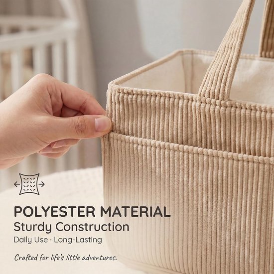 Baby luiermandje - draagbaar - corduroy opbergmandje met handvat - kraamcadeau - luiermandje voor jongens en meisjes - khaki - Luiermand Organizer - Baby Caddy voor Pampers en Verzorgingsproducten - Opbouwbare Corduroy Baby Mand — afbeelding 3