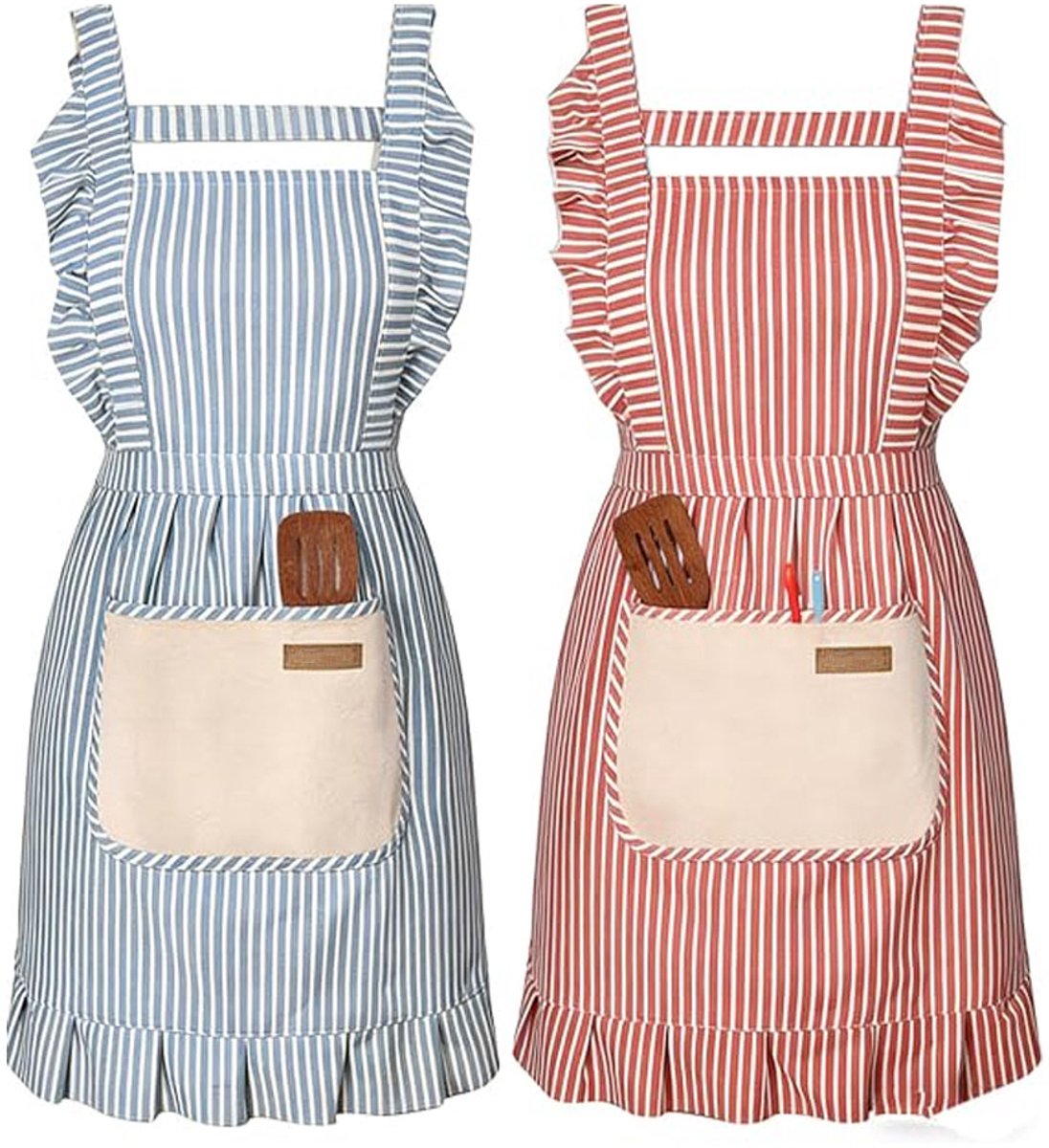 Schort - Keukenschort - keukenschort dames - 2 stuks - verfschort - keukenschorten - Rood + Blauw - tuinschort - met Zakken - Geschikt voor Barbecue, Restaurant, Tuin