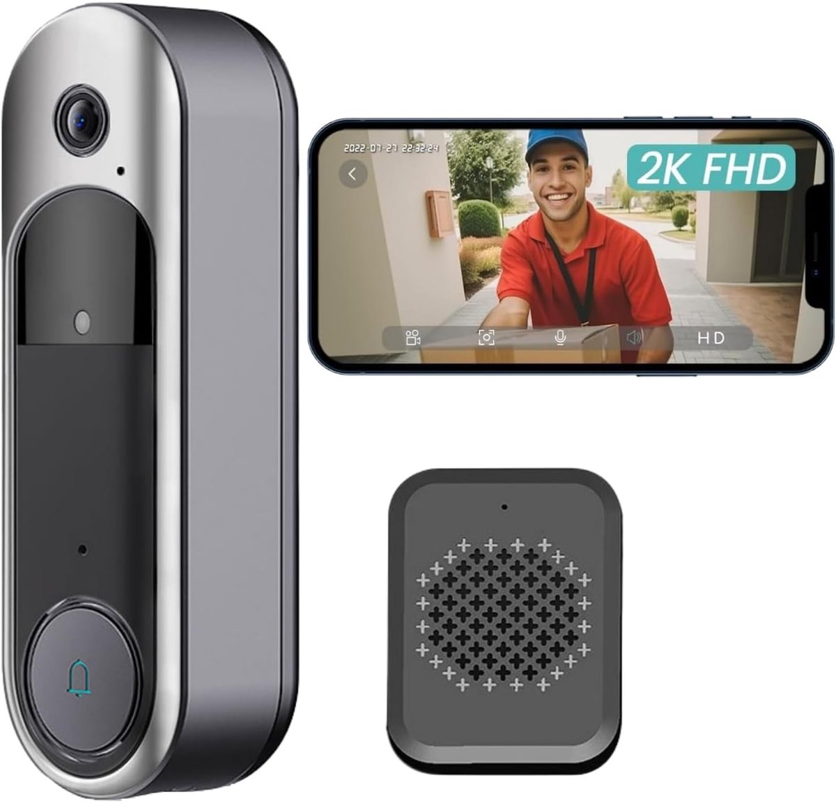 Générique Draadloze videobel, 1080p HD, 180° zicht en intelligente AI, anti-inbraak, pakketdetectie, eenvoudige installatie, vrijstaand, SD-kaart en cloudopslag, zonder abonnement vereist