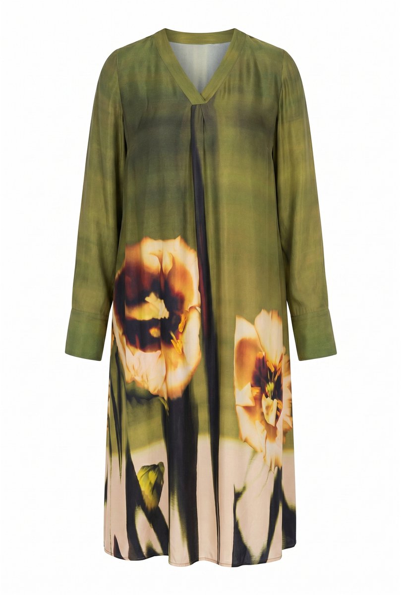 Ulla Popken - Dames - Midi-jurk bloemen A-lijn V-hals lange mouw - Donkerkaki - Maat 46+