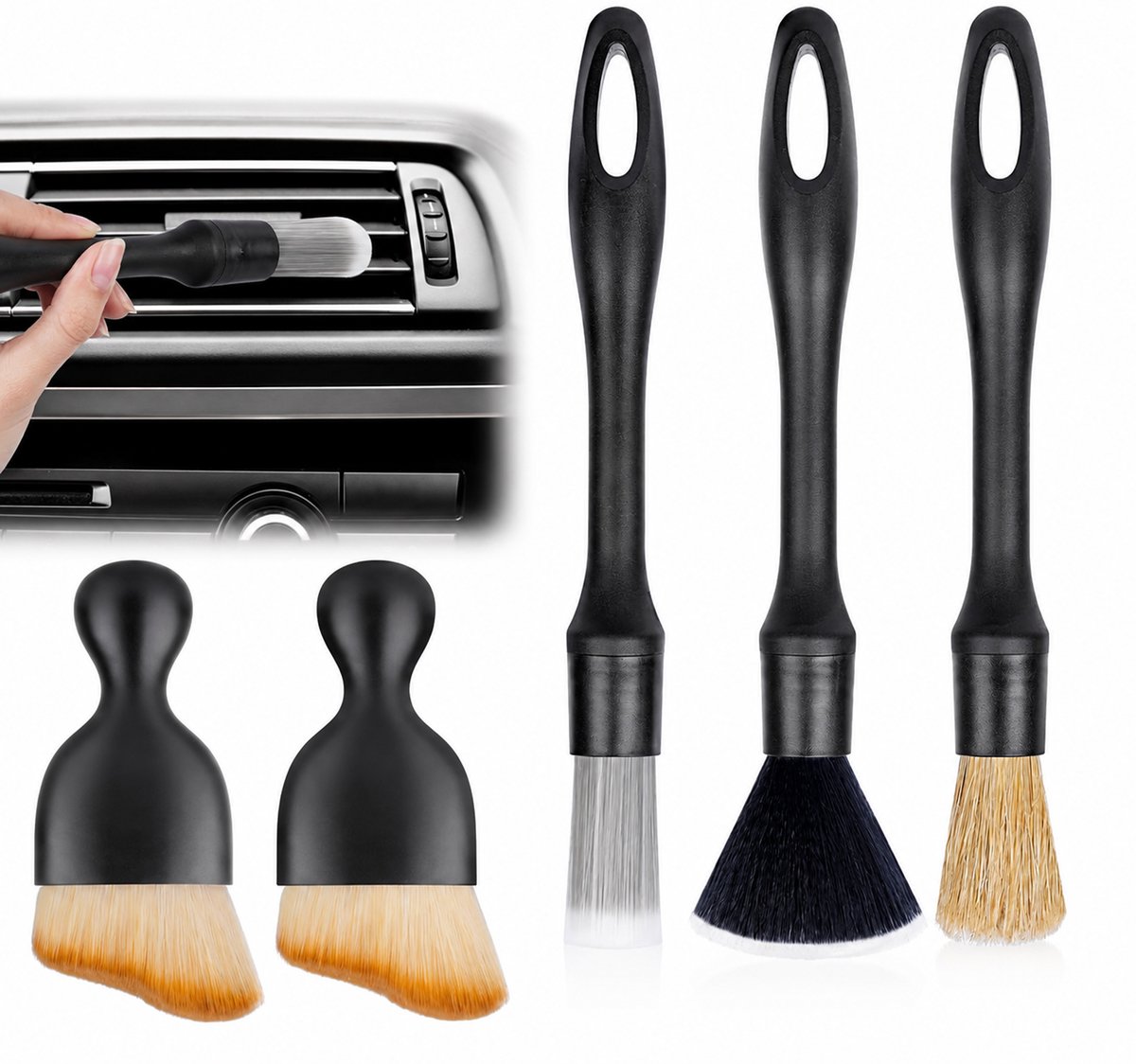 Kaiyaya - Detailing borstel set - 5 stuks 5-in-1 met ophanggat - zachte en harde haren - krasvrij voor auto-interieur en meer