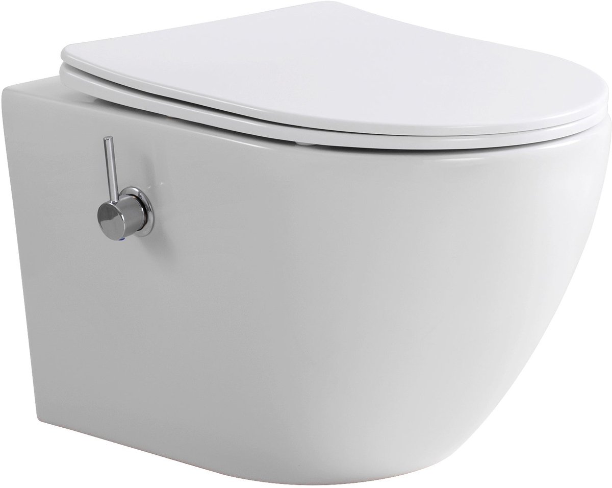 ALONI Pro Hangtoilet met Bidet - Tornado Flush - Randloos - met bidetkraan koud en warm water - met Zitting - 52,5CM - Glanzend Wit