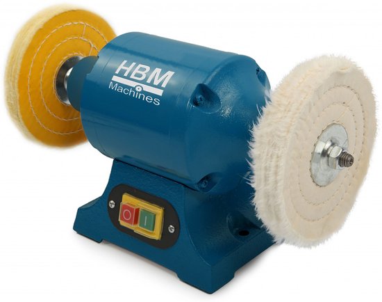 Blauwe HBM Machines polijstmachine met gele polijstschijf links en witte polijstschijf rechts.