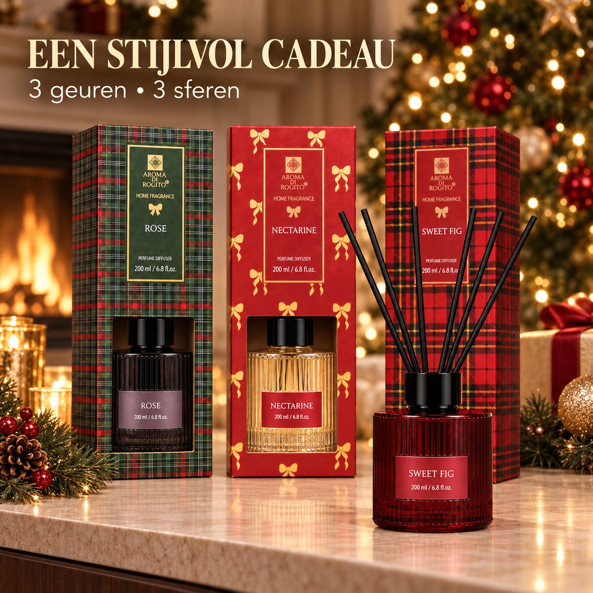EasyMart Geurstokjes Set 3-Delig - Huisparfum & Geurverspreider - Premium Diffuser Set - 3x 200ml met Rotan Stokjes - Rose, Nectarine & Sweet Fig - Luxe Interieur Geur voor Woonkamer, Badkamer & Toilet — cadeau in Wonen & Interieur - foto 2