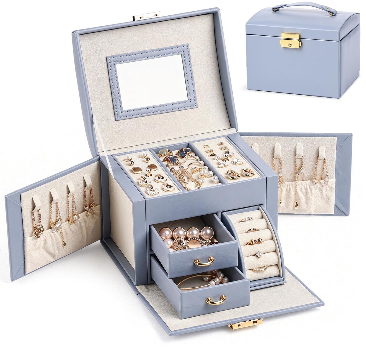 Elzusha - Luxe Juweelbox met Spiegel - 3 Tiers en 2 Lades - Voor Ringen, Oorbellen en Kettingen
